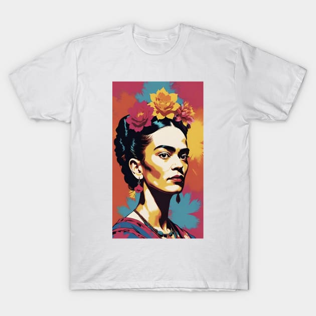 Frida's Chromatic Charm: Colorful Portrait T-Shirt by FridaBubble